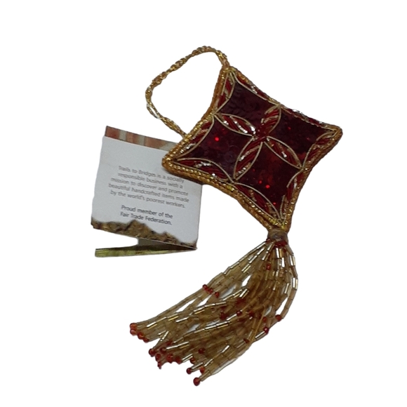 Other - Trails to Bridges Christmas Ornament Red Beaded Sequins Gold Corded